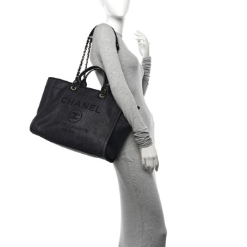 CHANEL Mixed Fibers Calfskin Striped Medium Deauville Tote Black Black