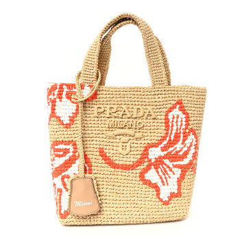 PRADA Raffia Floral Small Logo Tote Naturale Arancio
