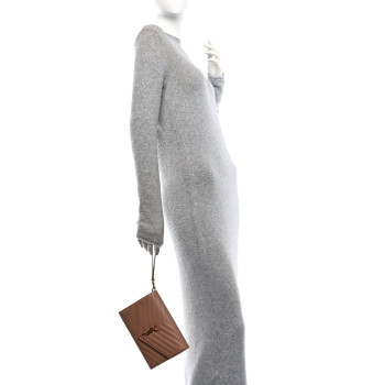 SAINT LAURENT Grain De Poudre Matelasse Chevron Monogram Cassandre Flap Pouch Natural Dark