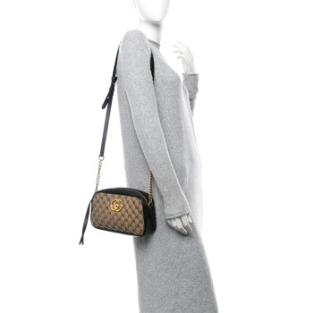 GUCCI Monogram Matelasse Diagonal Small GG Marmont Chain Shoulder Bag Beige Black