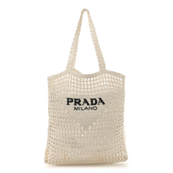 PRADA Yarn Raffia Effect Crochet Logo Embroidered Tote Bag White
