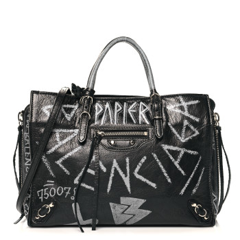 BALENCIAGA Agneau Graffiti Papier A6 Zip Around Tote Black White