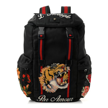 GUCCI Techno Canvas Web L'Aveugle Par Amour Embroidered Double Buckle Backpack Black