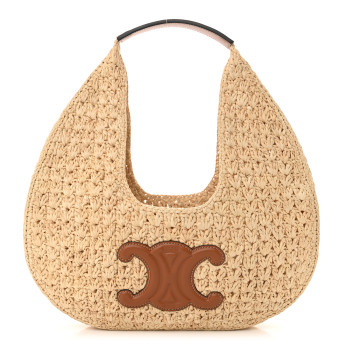 CELINE Raffia Calfskin Triomphe Panier Hobo Bag Natural Tan