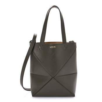 LOEWE Shiny Calfskin Mini Puzzle Fold Tote Dark Khaki