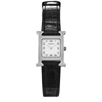 HERMES Stainless Steel Alligator Diamond Bezel Mother of Pearl 21mm Heure H Hour Quartz Watch Noir
