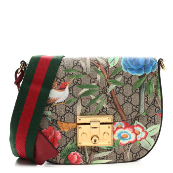 GUCCI GG Supreme Monogram Tian Web Medium Padlock Messenger Shoulder Bag Beige Multicolor New Acero