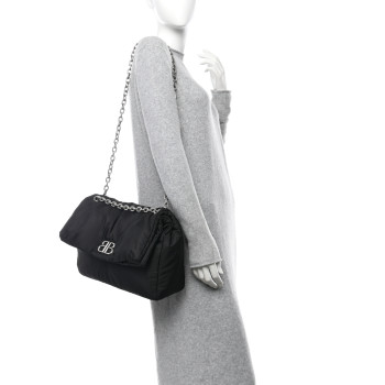 BALENCIAGA Nylon Medium Monaco Chain Shoulder Bag Black