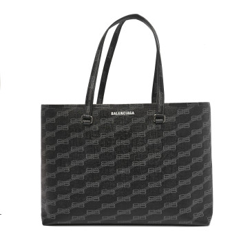 BALENCIAGA Coated Canvas BB Monogram Medium Signature East West Shopper Bag Black Grey