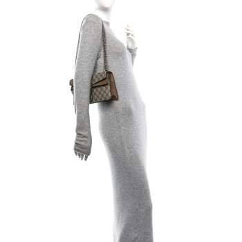 GUCCI GG Supreme Monogram Suede Crystal Small Dionysus Shoulder Bag Beige Ebony Taupe
