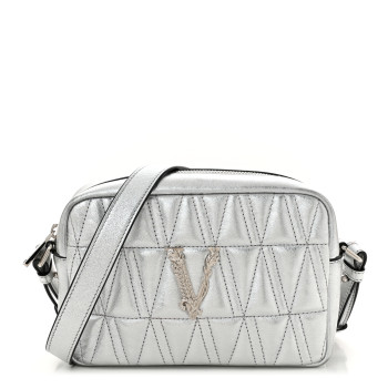 VERSACE Metallic Nappa Quilted Virtus Mini Camera Bag Silver