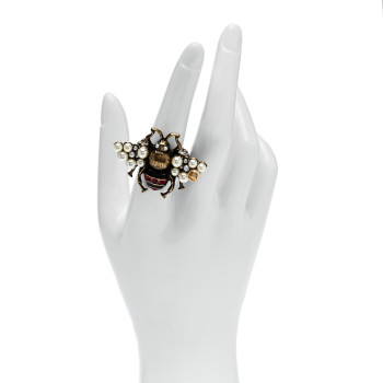 GUCCI Metal Crystal Pearl Bee Ring 54 7 Aged Gold
