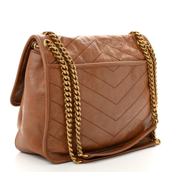 SAINT LAURENT Crinkled Calfskin Matelasse Monogram Medium Niki Chain Satchel Caramel
