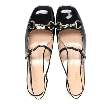 GUCCI Vernice Crystal Horsebit Charlotte 42mm Slingback Pumps 39 Black
