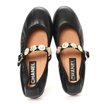 CHANEL Lambskin Charm Mary Jane Flats 39 Black