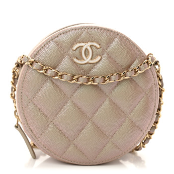 CHANEL Iridescent Caviar Resin Quilted Round Clutch With Chain Beige