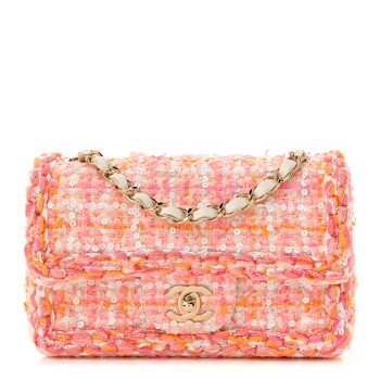 CHANEL Tweed Braid Sequin Mini Flap White Pink Orange
