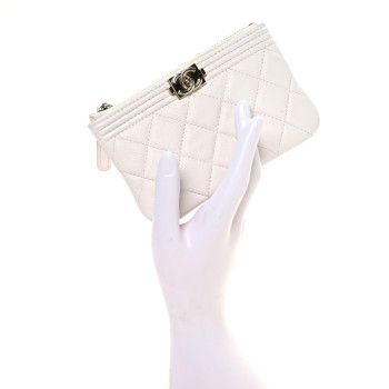 CHANEL Caviar Quilted Zipped Boy Pouch White
