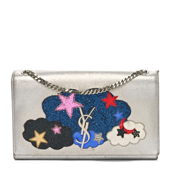 SAINT LAURENT Metallic Lambskin Medium Cloud Star Monogram Kate Satchel Argento