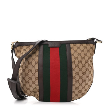 GUCCI Monogram Vintage Web Medium Half Moon Hobo Dark Brown