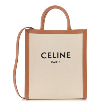 CELINE Canvas Calfskin Logo Print Small Vertical Cabas Natural Tan