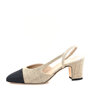CHANEL Fabric Grosgrain Cap Toe CC Slingback Pumps 37 Dark Beige Black CHANEL Fabric Grosgrain Cap Toe CC Slingback Pumps 37 Dark Beige Black