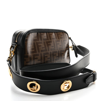 FENDI Glazed Fabric Vitello Century F is Fendi FF 1974 Stamp Patch Camera Case Mogano Panna Black