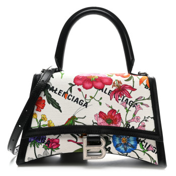 BALENCIAGA X GUCCI Canvas Boarded Plutone Calfskin Flora Logo Print Small Hourglass Top Handle Bag White Multicolor Black