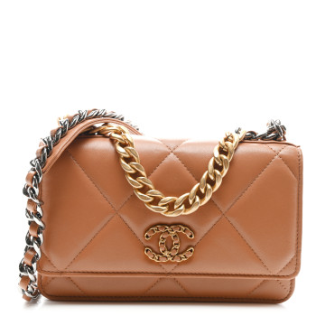 CHANEL Lambskin Quilted Chanel 19 Wallet On Chain WOC Brown