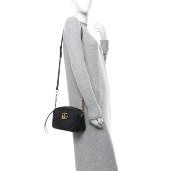GUCCI Calfskin Matelasse Small GG Marmont Chain Shoulder Bag Black