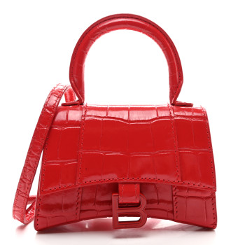 BALENCIAGA Shiny Calfskin Tonal B Crocodile Embossed Hourglass Top Handle Bag Mini Bright Red