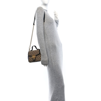 GUCCI Monogram Azalea Calfskin Matelasse Diagonal Mini GG Marmont Top Handle Shoulder Bag Beige Ebony Black