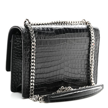 SAINT LAURENT Calfskin Crocodile Embossed Monogram Sunset Chain Wallet Black