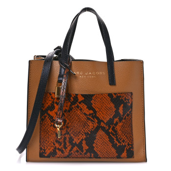 MARC JACOBS Calfskin Snakeskin Embossed Mini Grid Tote Bag Brown Butter Multicolor