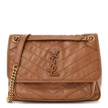 SAINT LAURENT Crinkled Calfskin Matelasse Monogram Medium Niki Chain Satchel Caramel