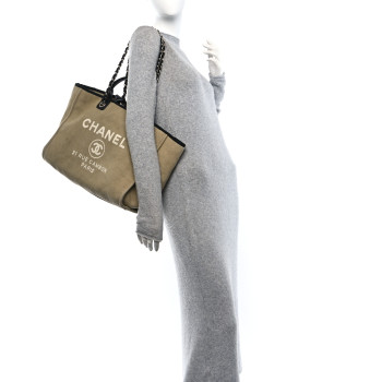 CHANEL Canvas Medium Deauville Tote Beige Black