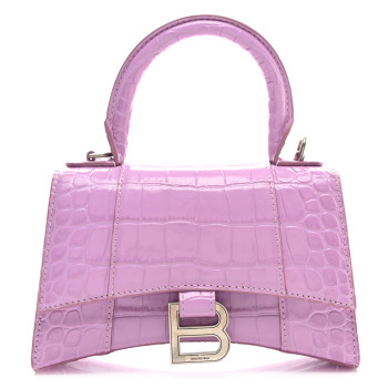 BALENCIAGA Shiny Calfskin Crocodile Embossed Hourglass Top Handle Bag XS Lilac