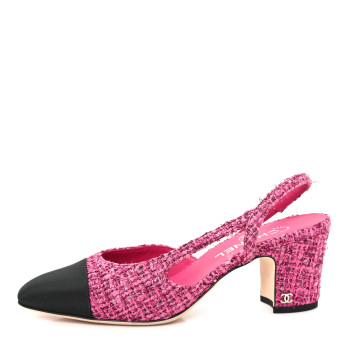 CHANEL Tweed Grosgrain Cap Toe CC Slingback Pumps 39 Pink Black CHANEL Tweed Grosgrain Cap Toe CC Slingback Pumps 39 Pink Black