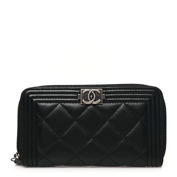 CHANEL Lambskin Quilted Small Boy Zip Around Wallet Black