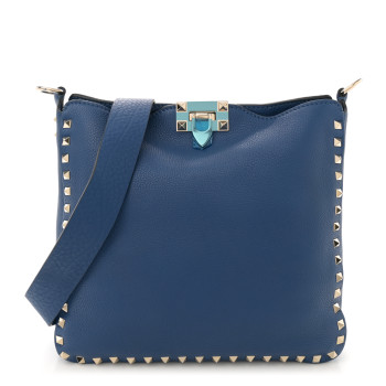 VALENTINO GARAVANI Pebbled Calfskin Small Rockstud Flip-Lock Messenger Bag Blu Delft