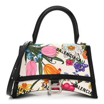 BALENCIAGA X GUCCI Canvas Boarded Plutone Calfskin Flora Logo Print Small Hourglass Top Handle Bag White Multicolor Black
