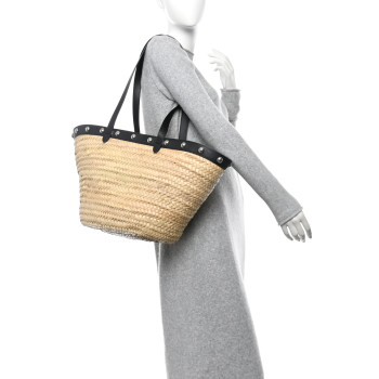 CELINE Raffia Calfskin Studs Basket Shoulder Bag Tote Black