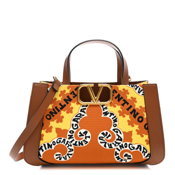 VALENTINO GARAVANI Canvas Calfskin Mini Bandana Print Small Vlogo Signature Tote Saddle Brown Multicolor