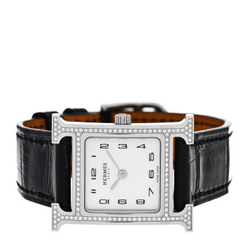 HERMES Stainless Steel Alligator Diamond Bezel Mother of Pearl 21mm Heure H Hour Quartz Watch Noir