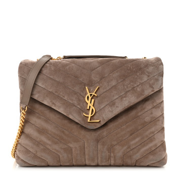 SAINT LAURENT Suede Y Quilted Monogram Medium Loulou Chain Satchel Taupe