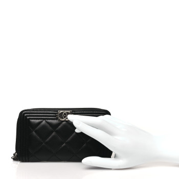 CHANEL Lambskin Quilted Small Boy Zip Around Wallet Black