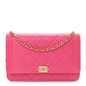 CHANEL Lambskin Quilted Boy Wallet On Chain WOC Dark Pink