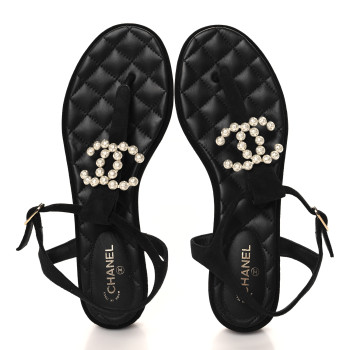 CHANEL Suede Pearl Crystal CC Thong Sandals 40 Black