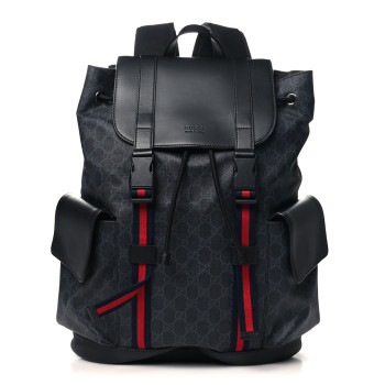 GUCCI Soft GG Supreme Monogram Calfskin Web Double Buckle Backpack Black