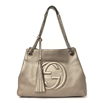 GUCCI Metallic Pebbled Calfskin Medium Soho Chain Shoulder Bag Golden Beige